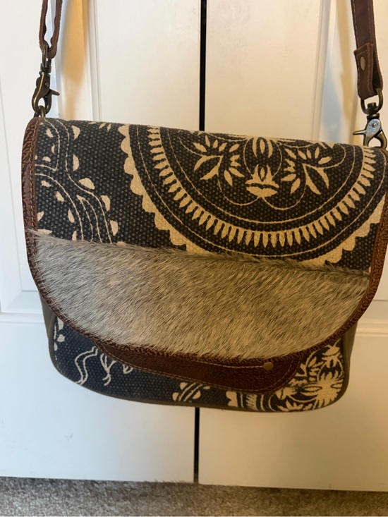 Myra Bag Handbags - Myra Bag Black and Brown Patterned Crossbody with Haircalf Flap